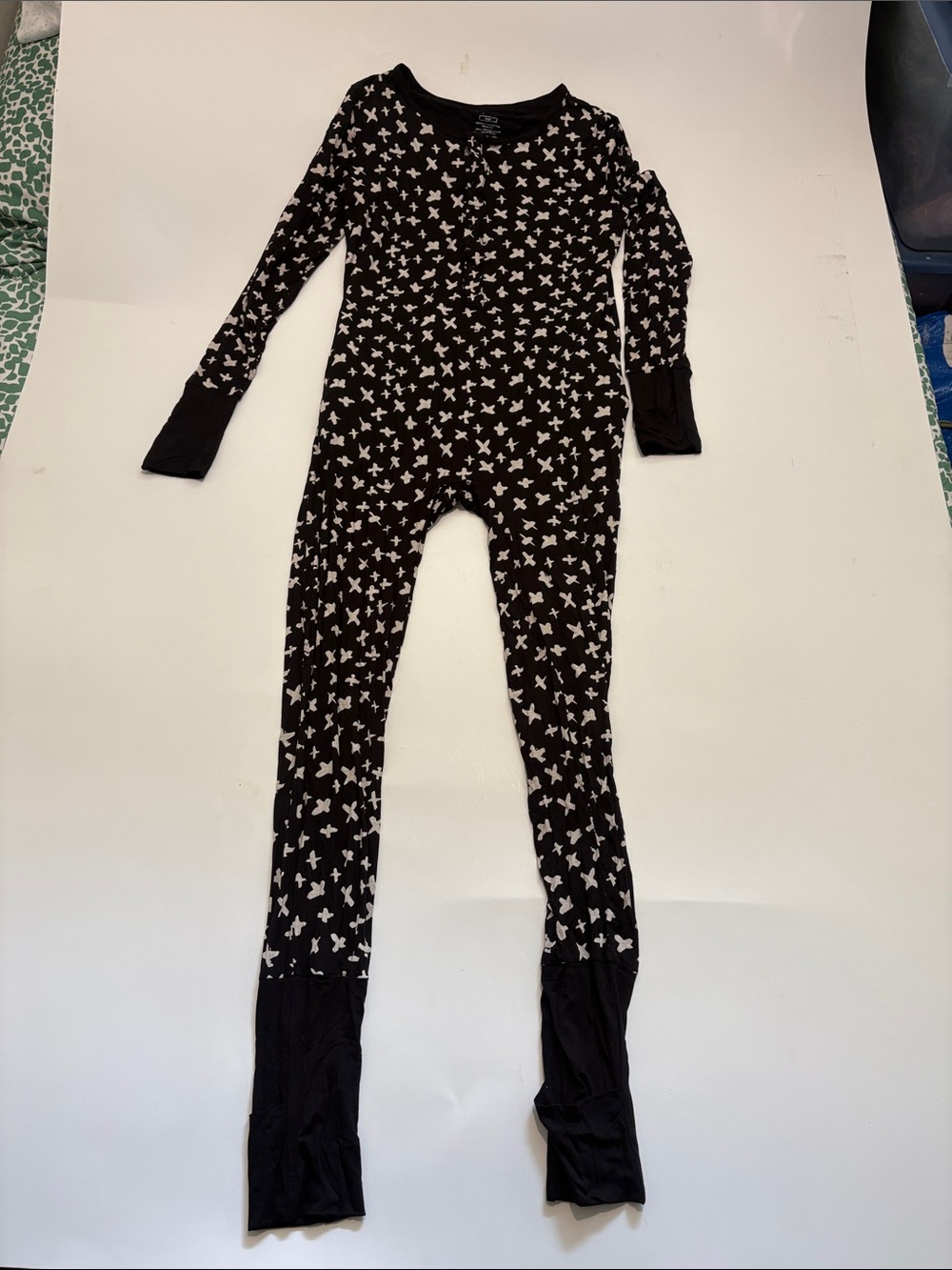 Black Long-Sleeve One-Piece Jumpsuit with White Star Pattern
